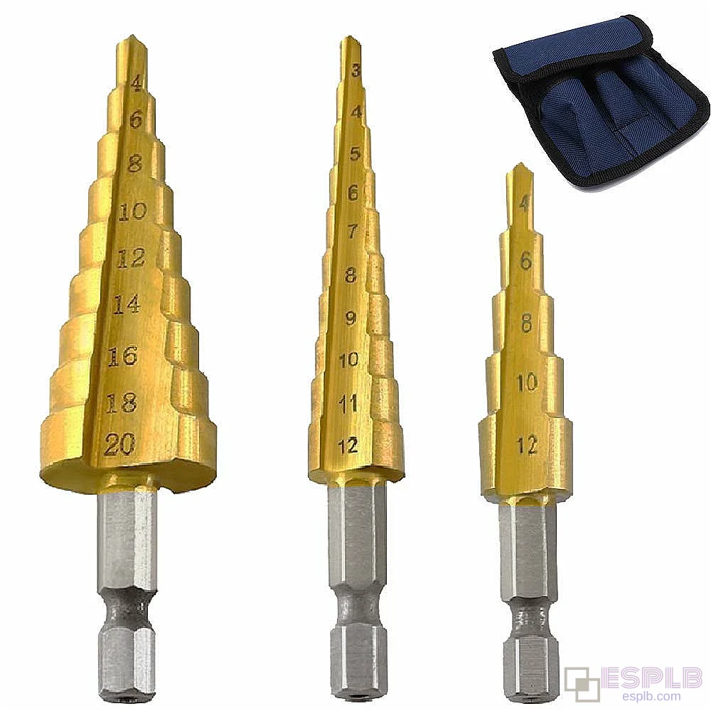 3 stuks traanboren van snelstaal, titanium gecoat, kegelvormig 3-12mm/4-12mm/4-20mm met zeshoekige schacht, multifunctionele boor.
