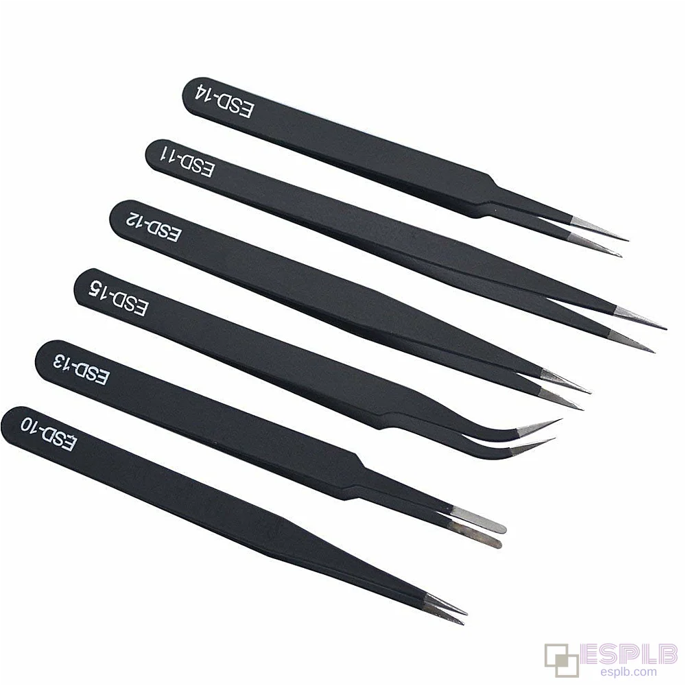 6pcs ESD Tweezers Precision Anti-static ESD Stainless Steel Tweezers Industrial Curved Straight Repair Tools Tweezers