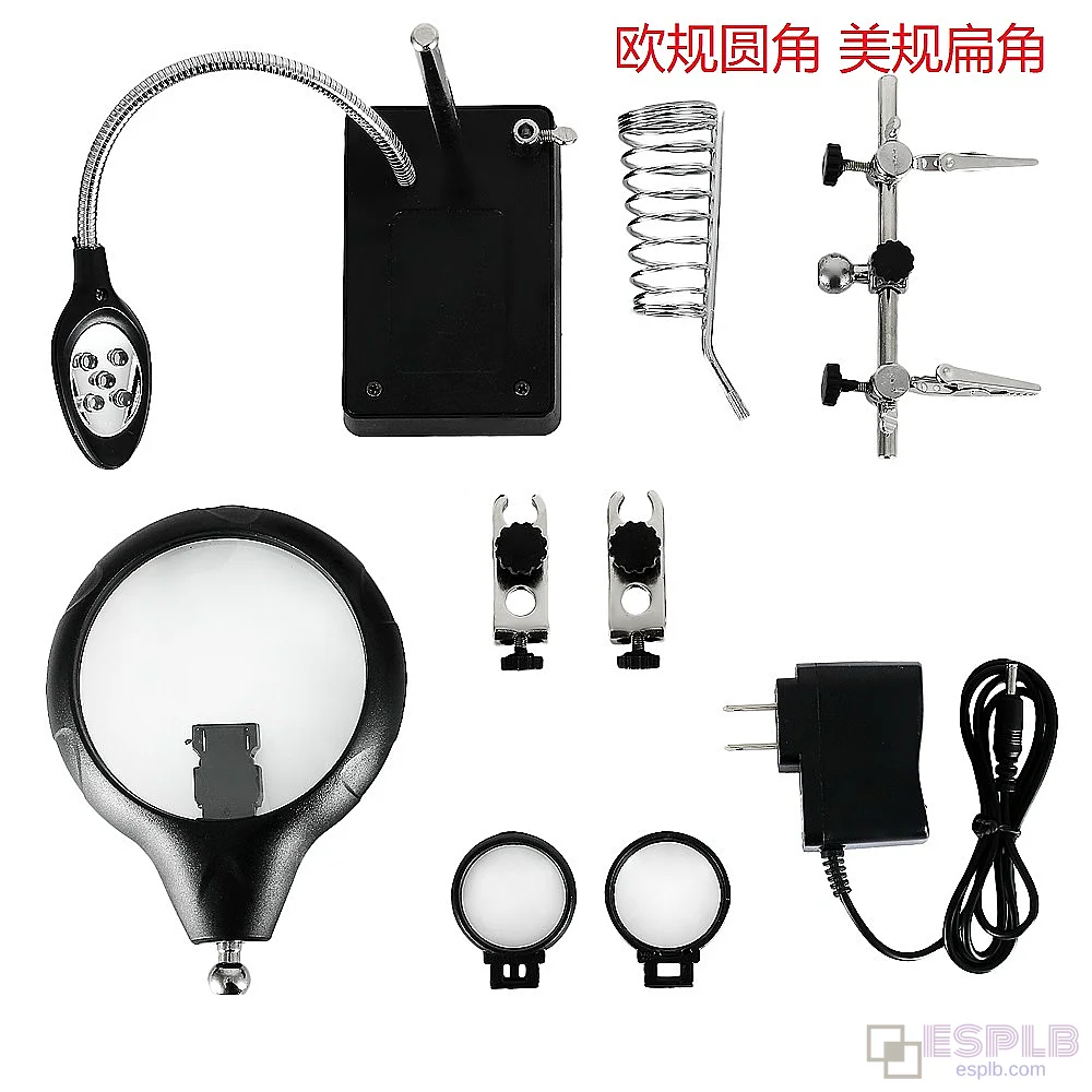 360 Degree Rotation Adjustable Helping Hand Soldering Station with 5 LED Auxiliary Clamp & Magnifying Glass for Welding
