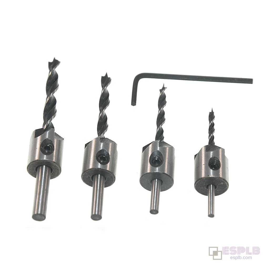 4pcs Wood drill countersink, HSS 5 Flute Countersink Chamfer Drill Bit Set, Woodworking Reamer, 3-6mm