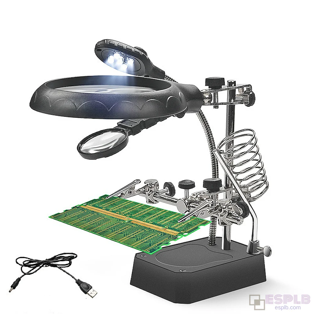 Helping Hands Soldering Station, 360 Degree Adjustable, 5 LED Auxiliary Clamp, Magnifying Glass for Welding