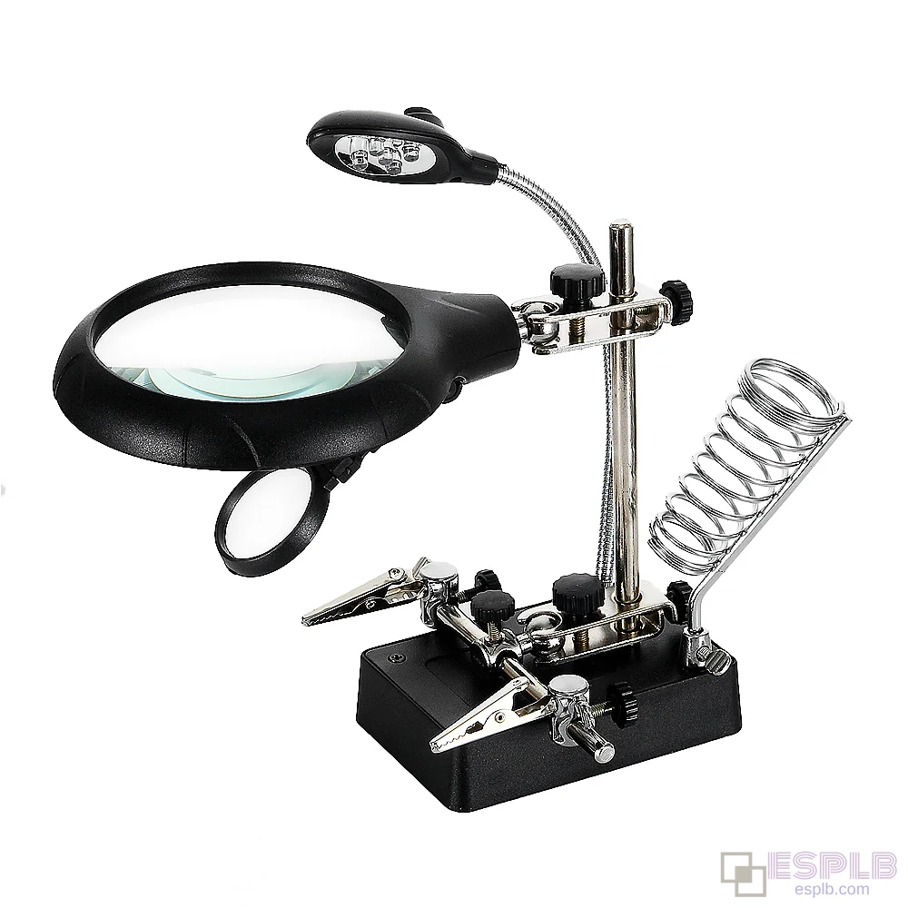 Support de fer à souder à trois mains avec pince à LED et loupe, station de soudage avec 5 LED, clip-magnétoscope, prise EU/US