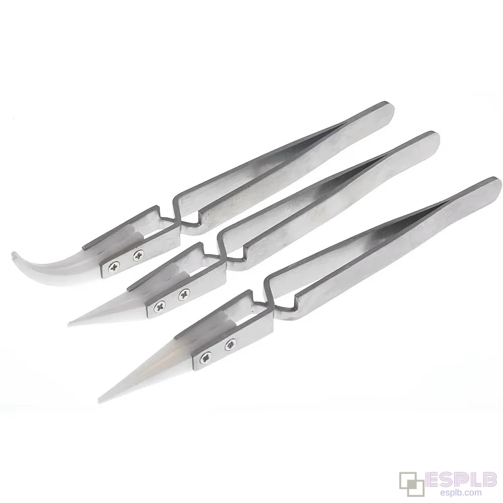 Anti-Static Reverse Ceramic Tweezers, Stainless Steel Conductive, Curved/Straight Tip
