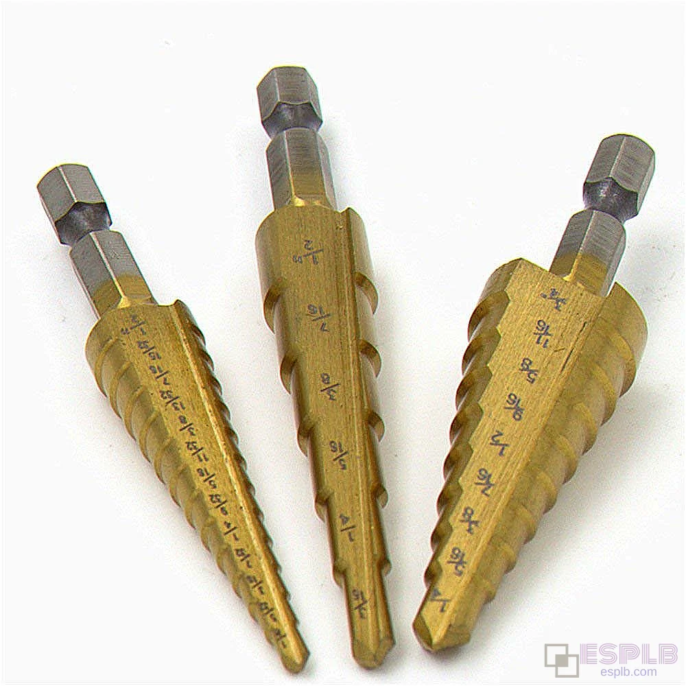 3ks HSS titánových stupňovitých vrtákov: rýchloupínacia 1/4" šesťhranná stopka, 3/16"-1/2", 1/4"-3/4", 1/8"-1/2"
