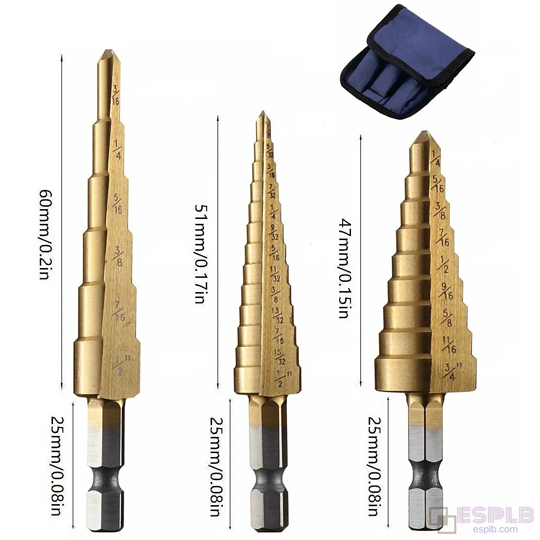 3pcs HSS Titanium Step Drill Bit Set: Quick-Change 1/4" Hex Shank, 3/16"-1/2", 1/4"-3/4", 1/8"-1/2"
