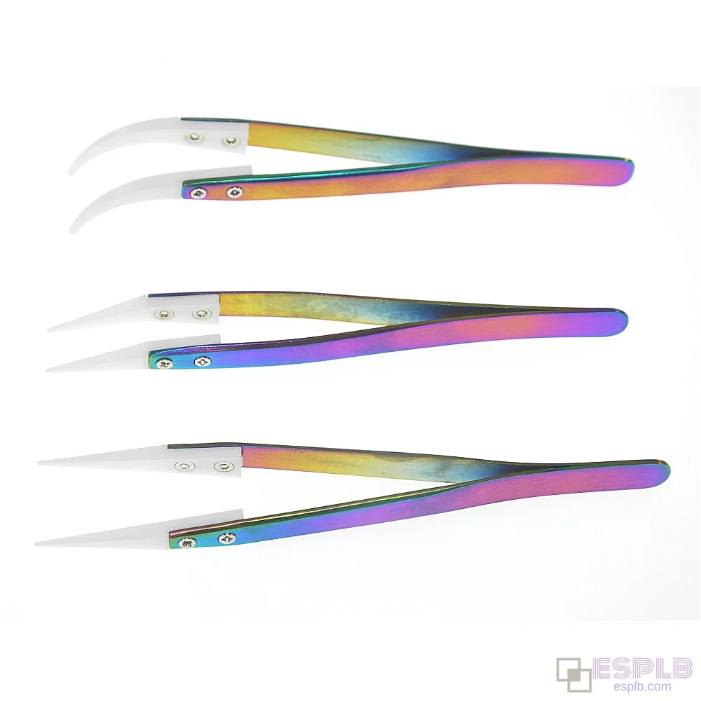 Rainbow Ceramic Tweezers, Stainless Steel, Heat Resistant, Antistatic, Plating, Precision Straight/Curved Tweezers
