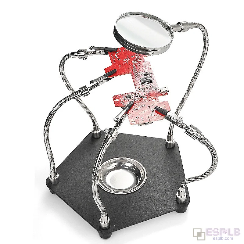 3X Magnifying Glass Helping Hands Soldering Station with Flexible Arms, Metal Base, and Storage Tray
