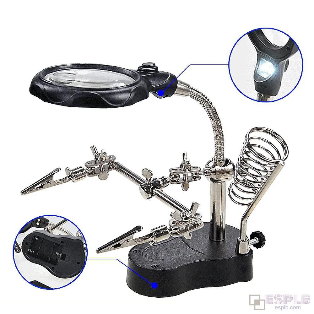 Third hand soldering tool, 3.5X 12X helping hands soldering station, 2 LED clips, adjustable magnifying glass