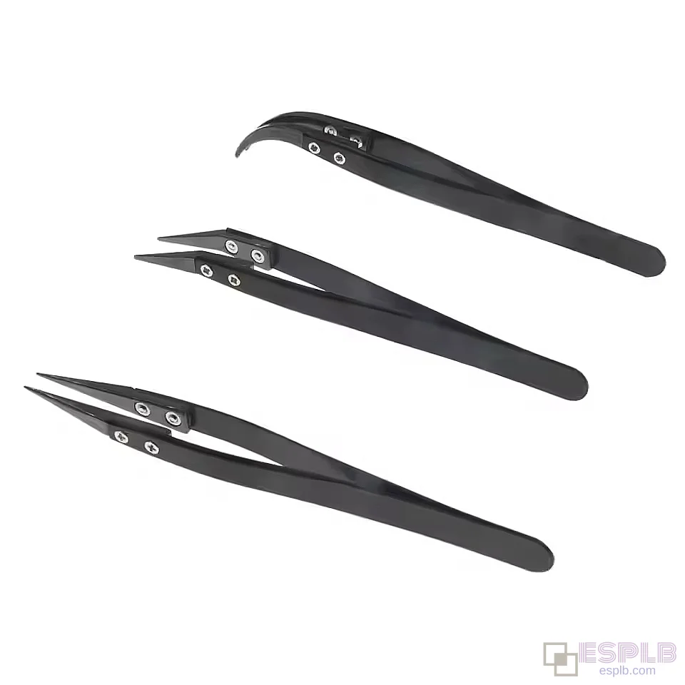 Precision Ceramic Tweezers, Stainless Steel, Curved/Straight Tip, Pointed Coil, Heat Resistant, Antistatic